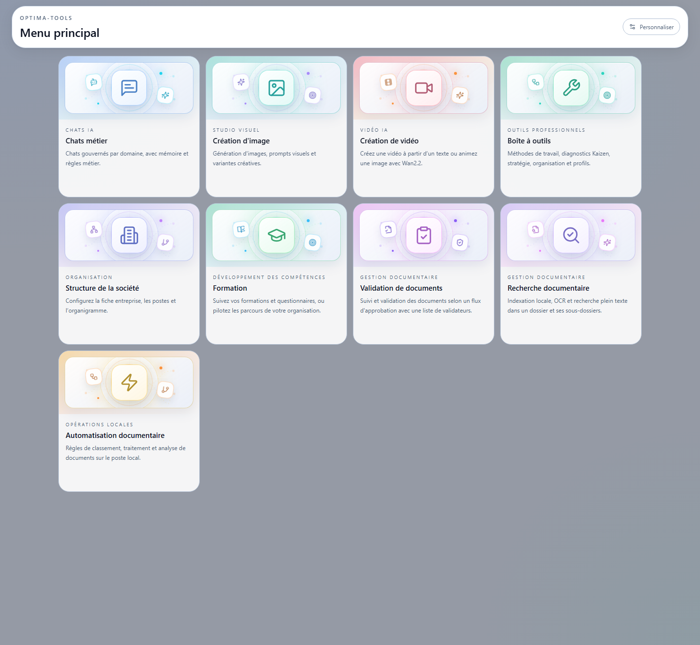 Menu principal complet et actuel de l’application Optima-Tools avec ses neuf modules