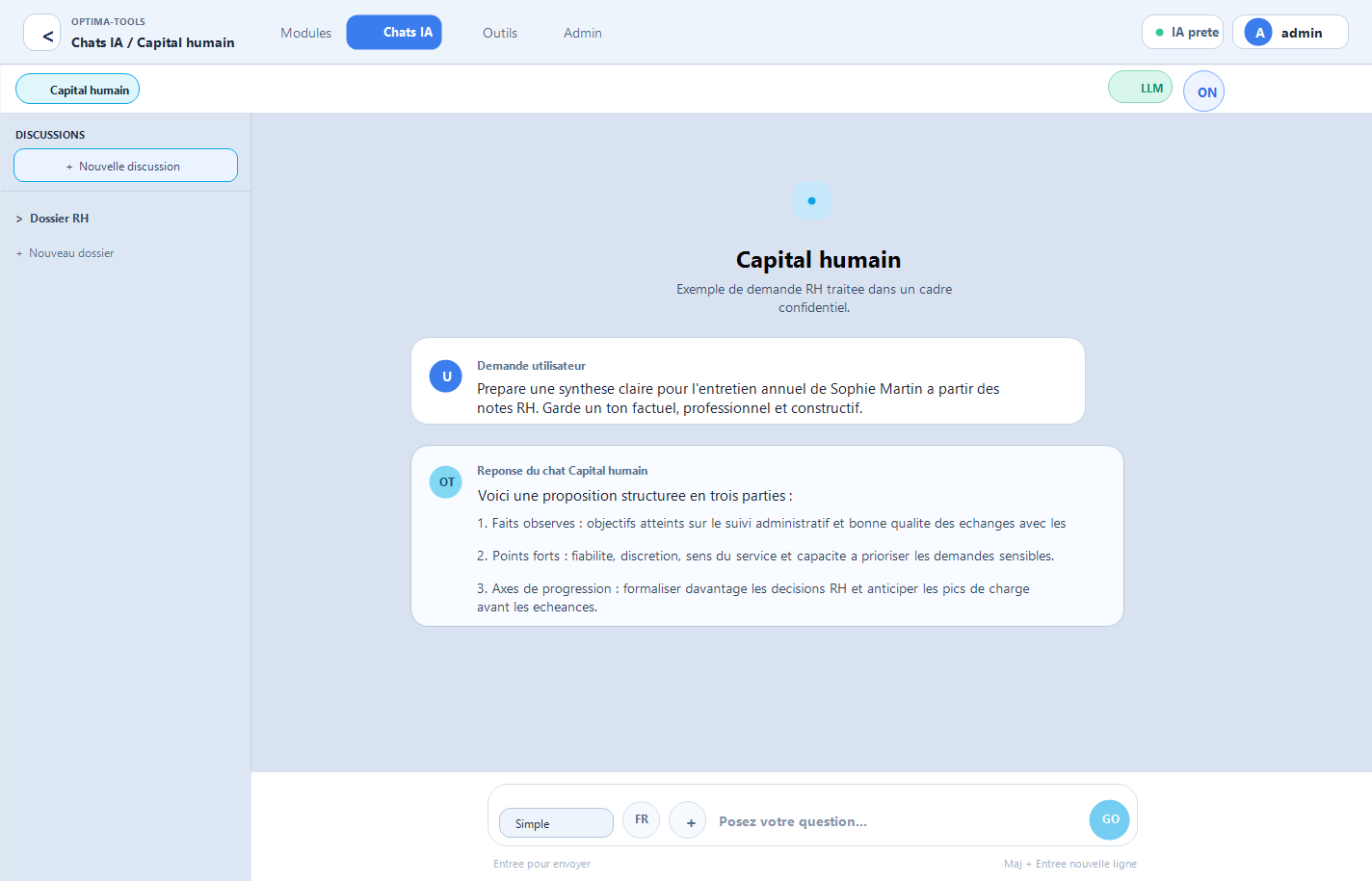 Vue réelle Optima-Tools : chat Capital humain avec exemple de demande utilisateur et réponse professionnelle.