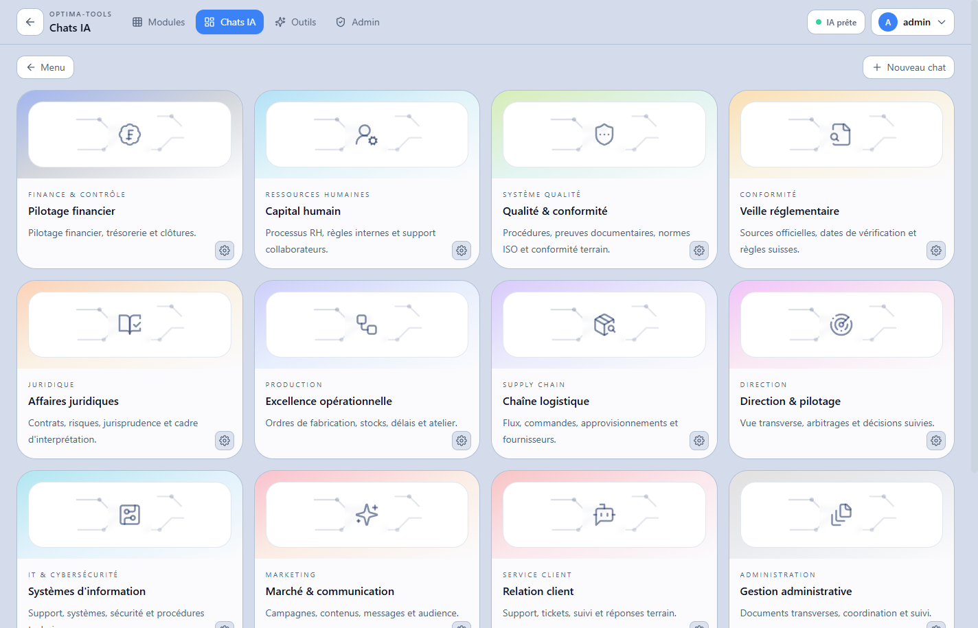 Vue réelle Optima-Tools : tous les chats métier disponibles dans l'application.